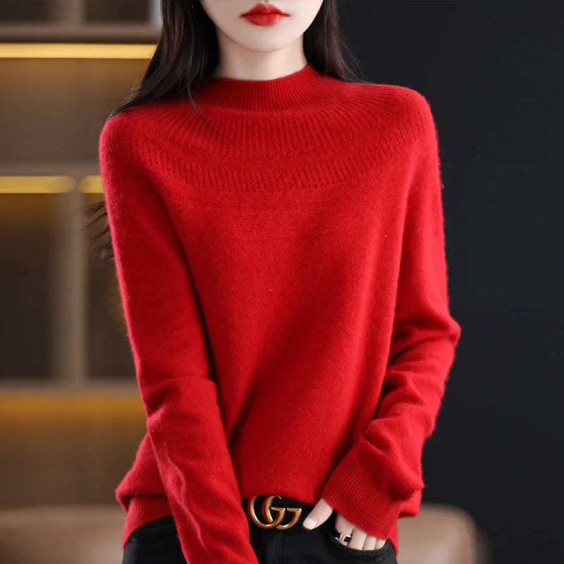 2024 Autumn Winter New Women\'s Sweater Pure Wool Pullover Long Sleeved Hollow Loose Slim Fit Solid Color Simple Versatile Tops