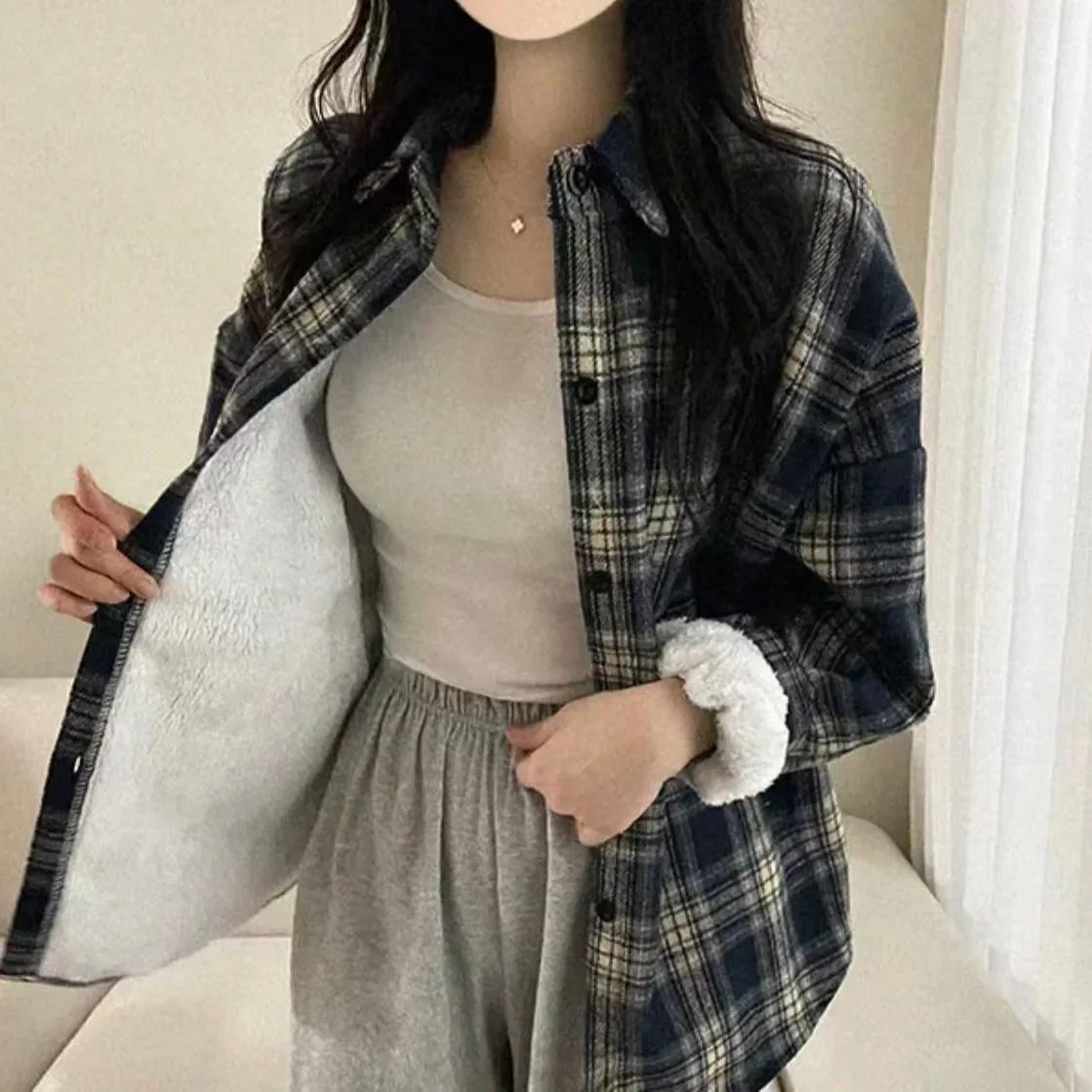 Manteau en laine pour femme automne hiver Thiened Fce doublé Long Sve Plaid irt Design Vintage polyvalent haut à la mode