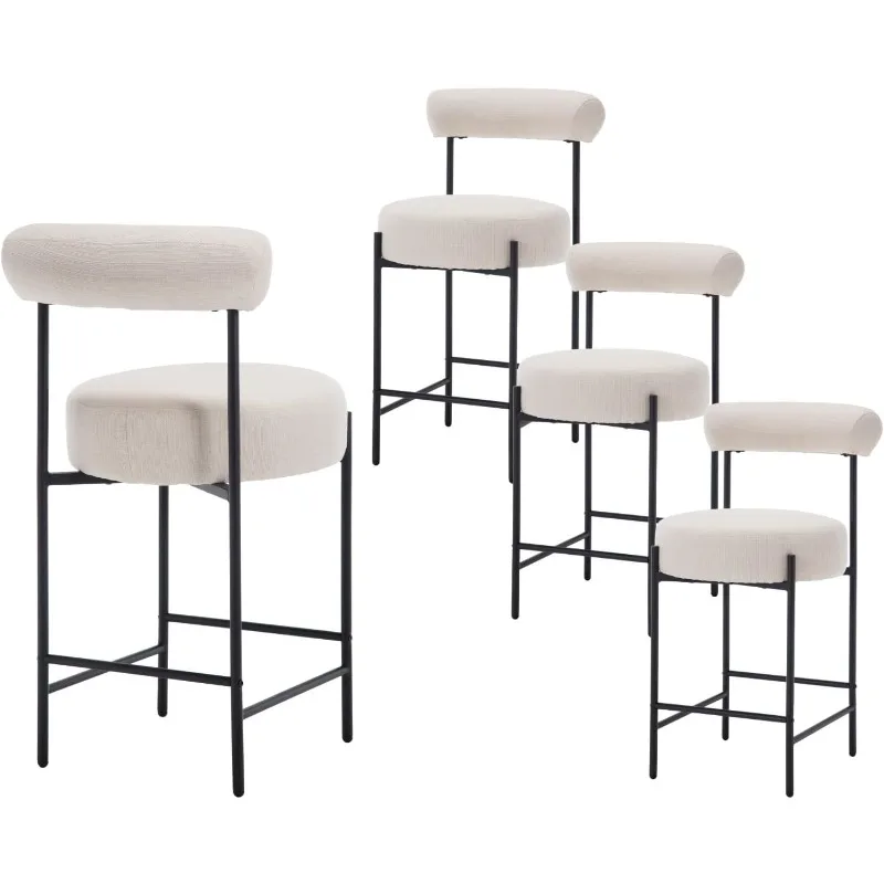 Modern Counter Height Bar Stools Set of 4 Linen Upholstered Barstools with Curved Open Back/Round Seat Fabric Comfortable Bar