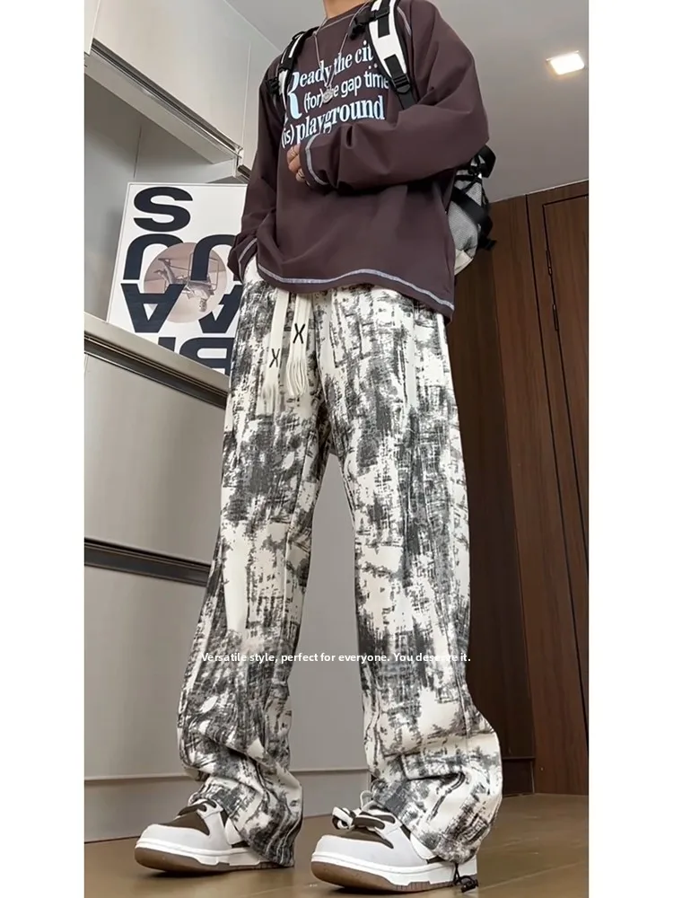 Retro American Hiphop Men's Casual Pants Autumn Spring Water Ink Dye Wide Leg Straight Clean Leisure Trousers