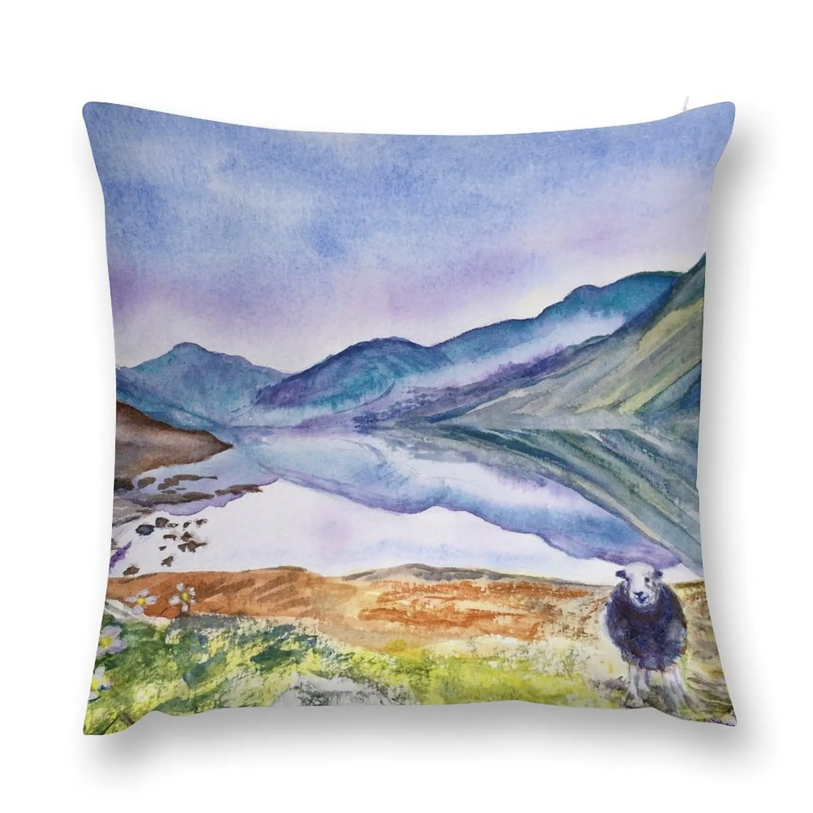 Langdale reflections: Watercolour painting of Wastwater Throw Pillow Sofa Cushions Custom Cushion Cushion Cover Luxury pillow