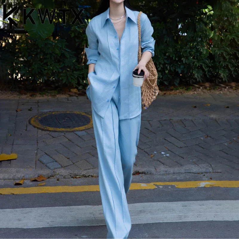 

KWTX Two Piece Set Wide Leg Pants & Shirt Linen Cotton Light Blue Minimalist Elegant Vintage Designer Spring Summer 2025