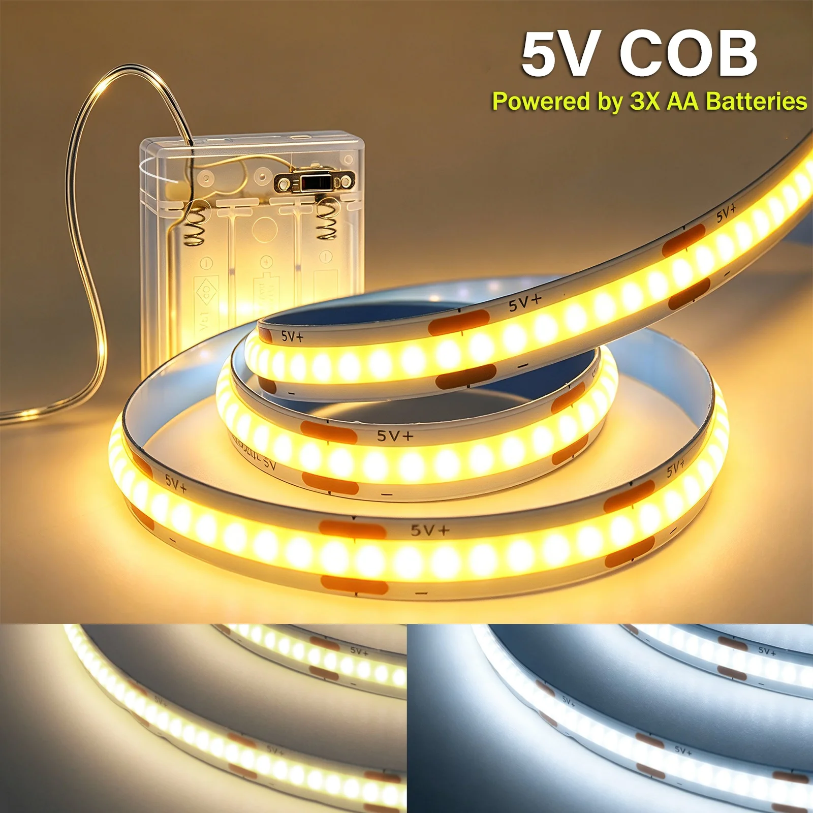 5V COB LED Strip With 3AA Battery Box 8MM PCB Width 320LEDs/m Flexible Light Tape 1m 2m 3m 4m 5m for Room Cabinet TV Backlight