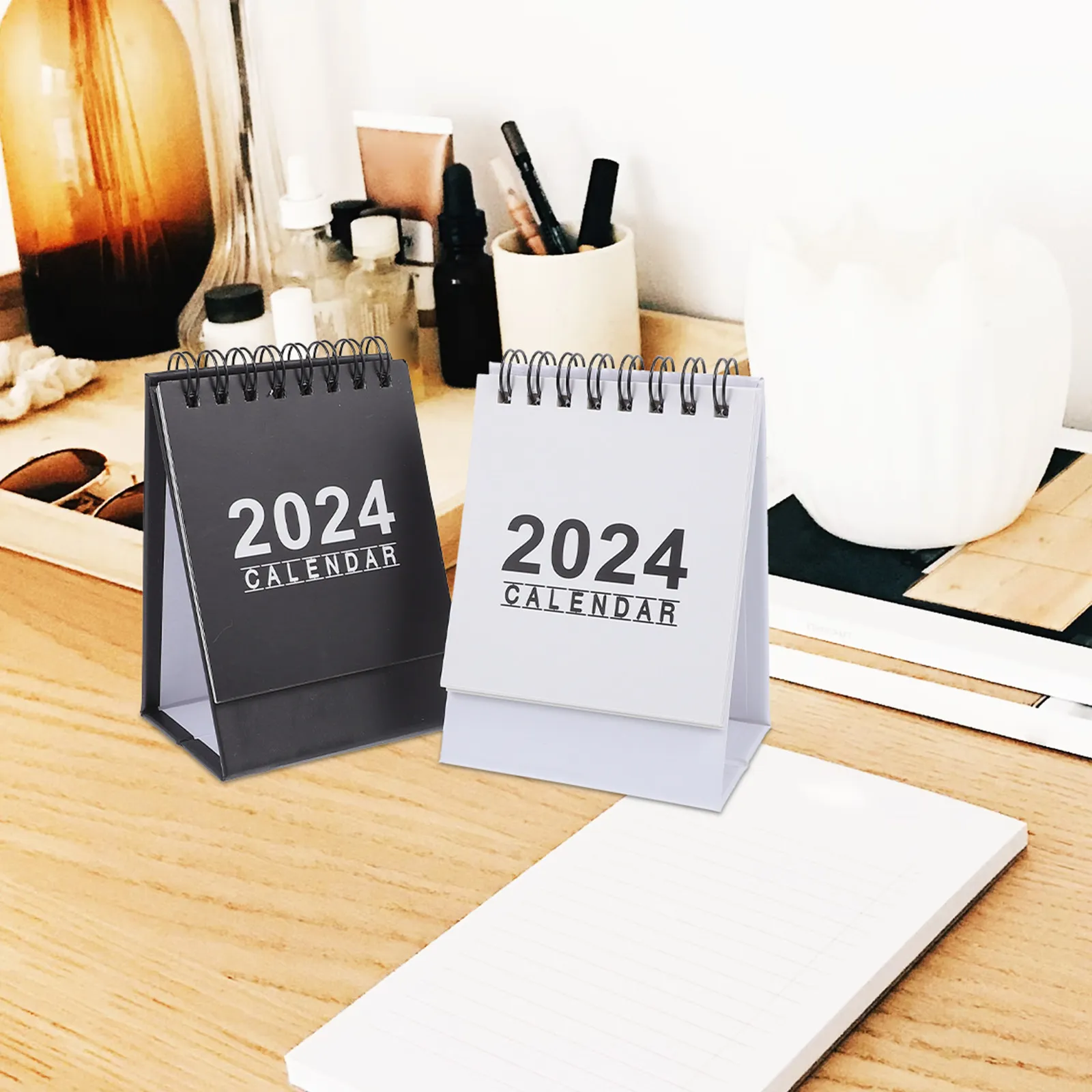 

2Pcs Mini Desktop Calendar 2024 Paper and Metal Standing Monthly Desk Calendar for Office Home Classroom Decor Convenient Page