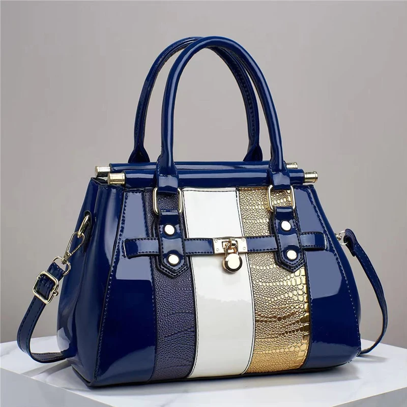 2024 New Vertical Spliced Bright Skin Lizard Pattern Single Shoulder Oblique Straddle Texture Large Capacity Women's Bag