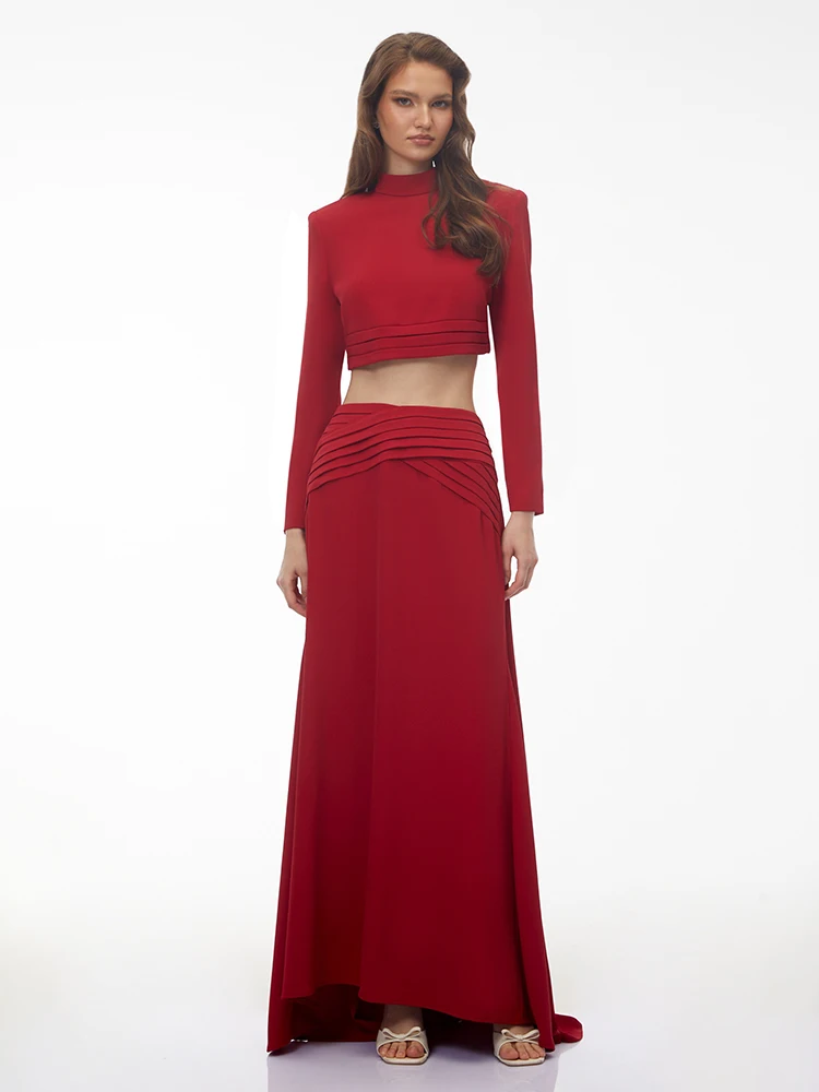 VC Red Two Piece Maxi Skirt Set Elegant High Neck Long Sleeve Crop Top Ruched High Waist Mermaid Maxi Skirt Bodycon Matching Set
