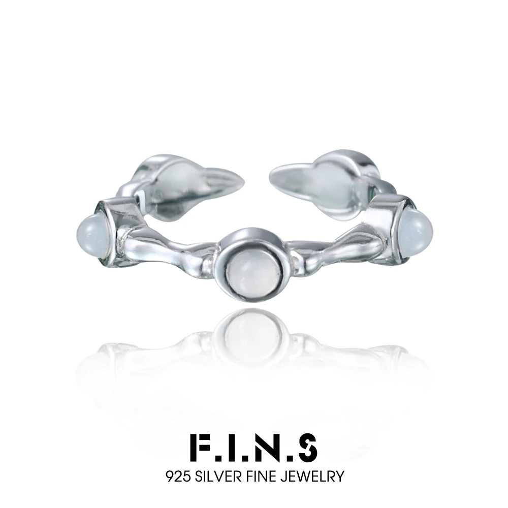 

F.I.N.S Minimalist Chic S925 Sterling Silver Open Ring Elegant White Agate Bead Adjustable Index Mid Finger Fine Jewelry