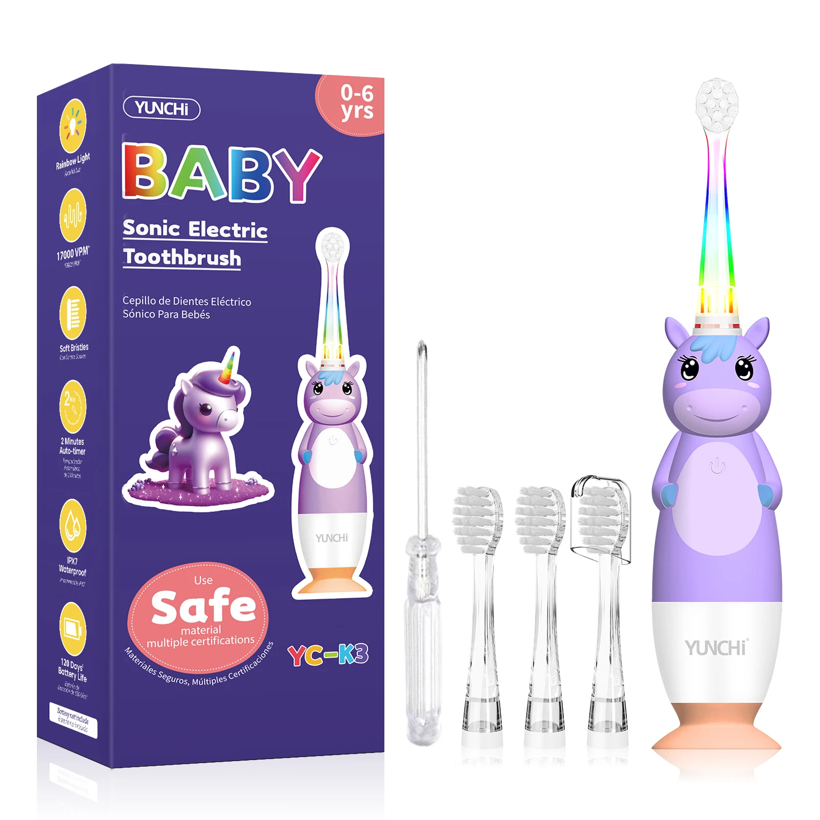 K3 Unicorn Cartoon Kids Electric Toothbrush Soft Bristle Sonic Vibration IPX7 Waterproof Oral Care Tooth Brush For Ages 3-12