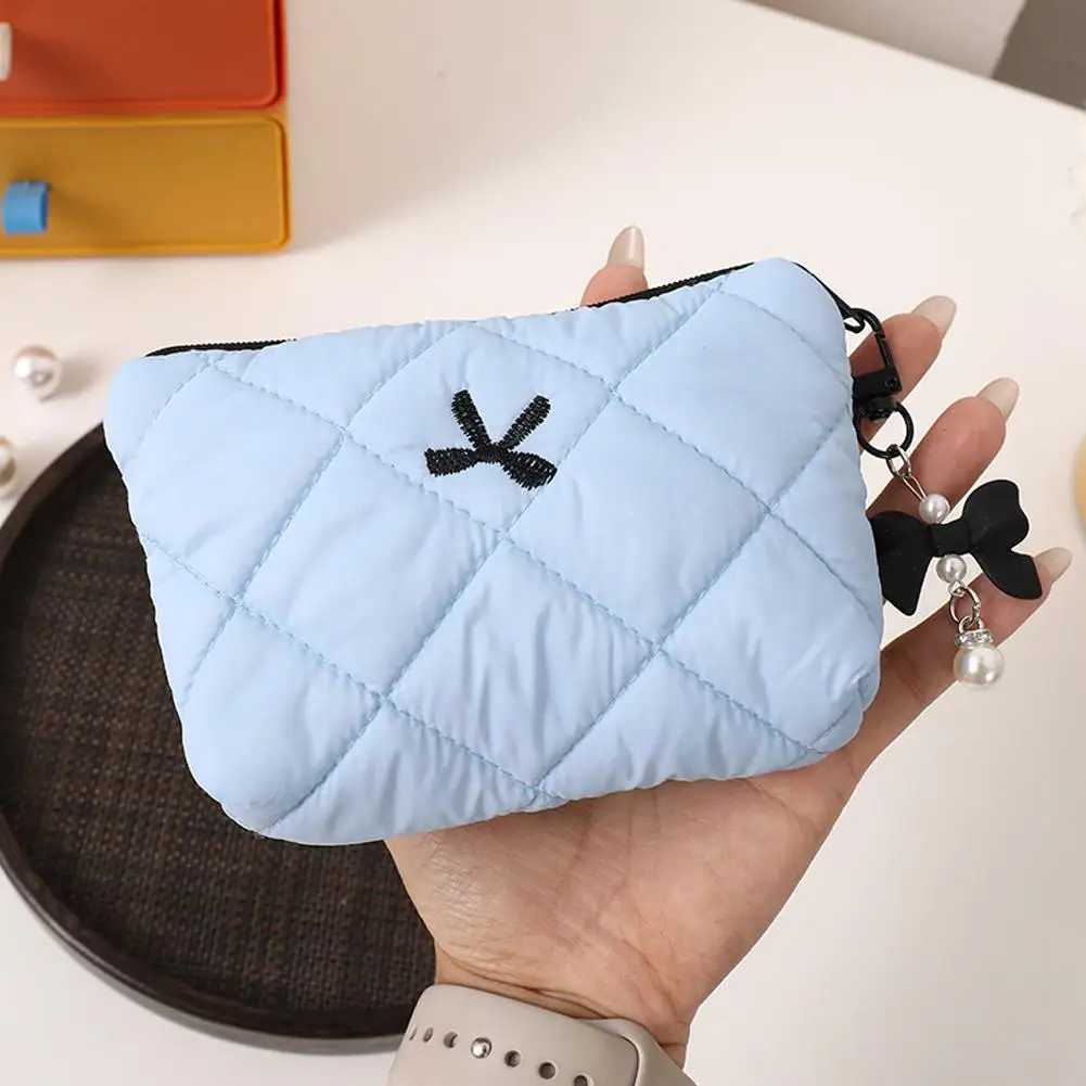 Cute Quilted Mini Makeup Pouch With Bow Pearl Charm Portable Cosmetic Bag Small Coin Purse Lipstick Earphone Storage Bag