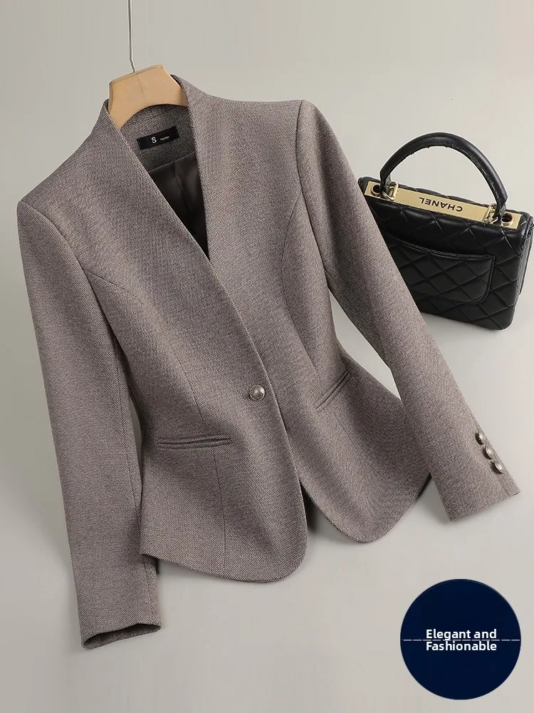 

Coffee Color Lapelless Short Waist-Cinching Commute-Ready Women's Suit Jacket Stylish Casual Commute Fashion plus Size Options