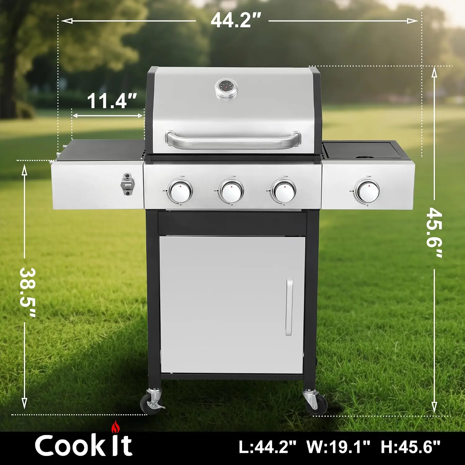 39000 BTU Output Propane Gas Grill with Side Burner and 3 Main Burners - Double-layer Stainless Steel Lid, Customized