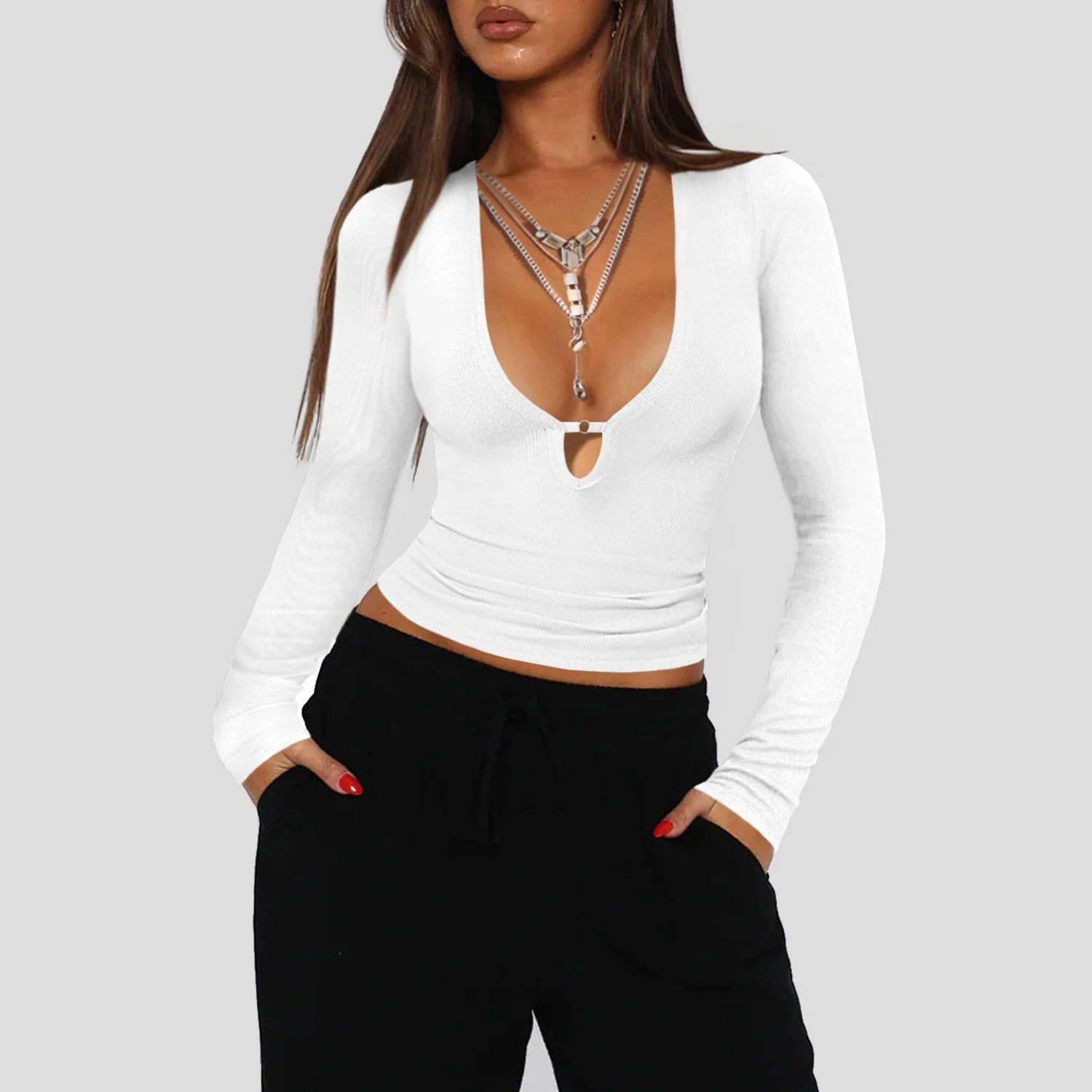 2025 Herbst Winter Neue Mode Damen Tops T-Shirt V-Ausschnitt aushöhlen Sexy und modische Slim Fit Langarm Y2k Kleidung – Detail 8