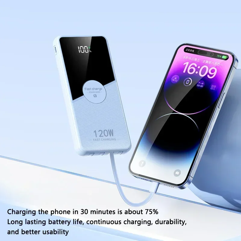 200000 мАч Power Bank 66 Вт Быстрая зарядка Встроенное 4 кабеля Портативное зарядное устройство Аккумулятор большой емкости для IPhone Samsung Xiaomi