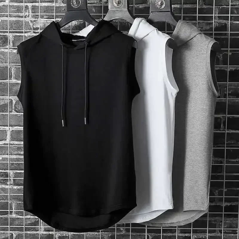 Summer Men's Sleeveless Vest Casual T-shirt Hoodie Fitness Muscle Hooded Vest T-shirt Polyester Breathable Hip-hop Pullover