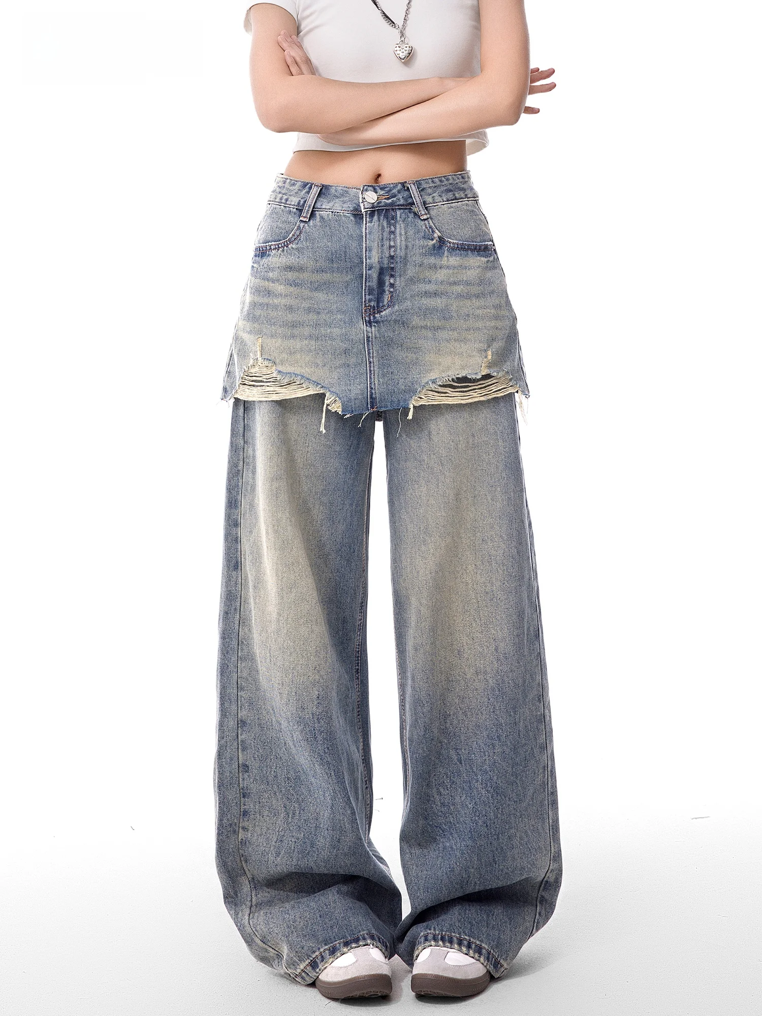 

Washed Denim Skirt And Pants Two-Piece Set Slim Fit Wide Leg Jeans Casual Style Natural Waist Zipper Closure Blue Cotton Poly...