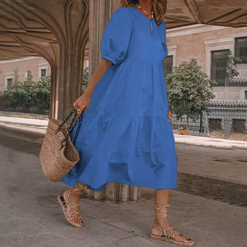 Summer New Solid Color Short Sleeved Loose For Women\'s Dresses Fashion Casual Patchwork Retro Beach Holiday Maxi Female Sundress