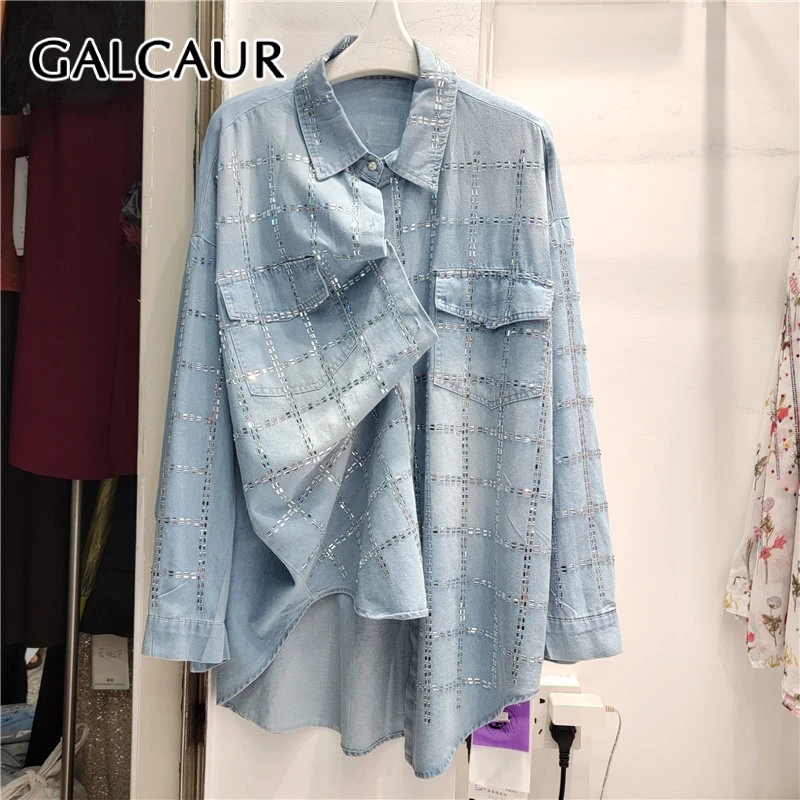 

GALCAUR Solid Spliced Hot Fix Fashion Shirts for Women Lapel Long Sleeves Patchwork Plaid Cowboy Shirt Female Clothing Style New