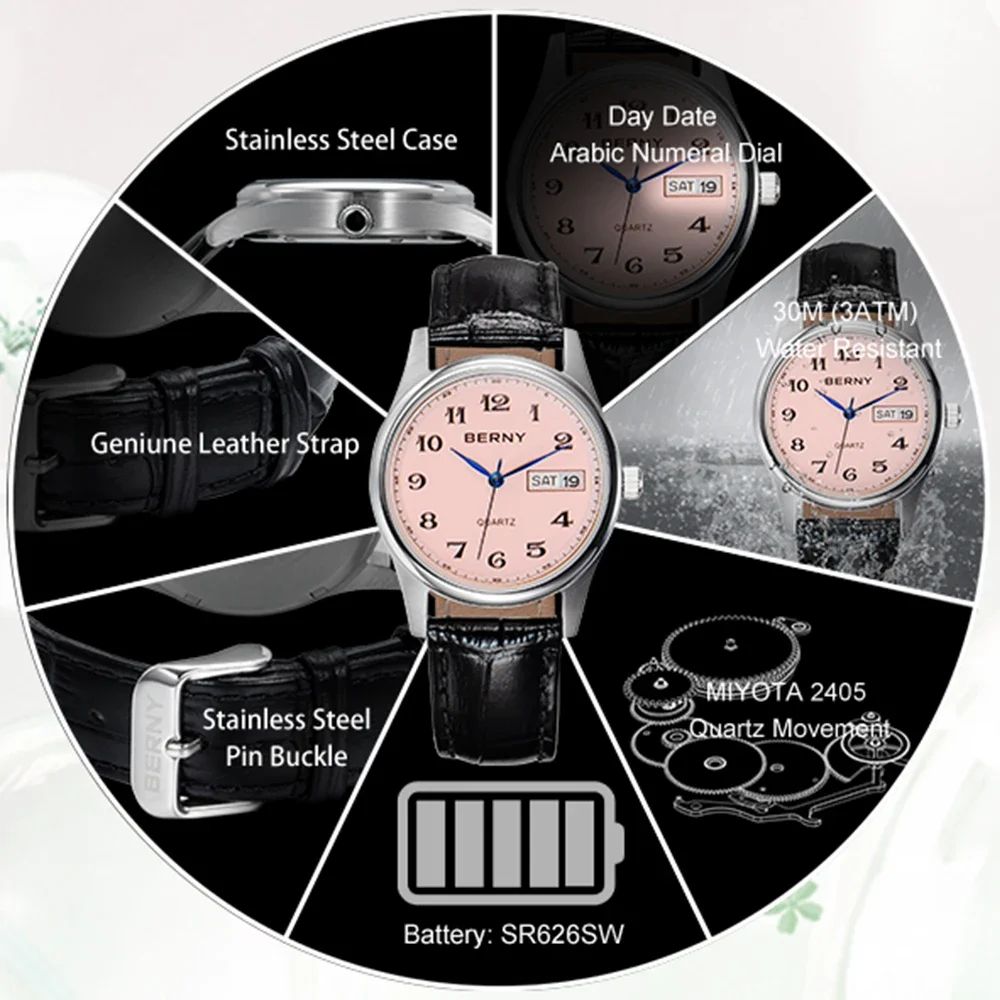 BERNY Women\'s Watches Calendar Week Casual Simple Dress Watch Stainless Waterproof Easy Read Fashion Elegant Ladies Wristwatch