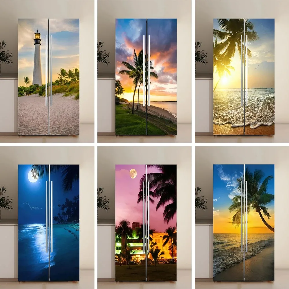 

Scenic Beach Sunset Lighthouse Palm Tree Refrigerator Door Sticker Waterproof Fridge Mural Wrap for Kitchen Home Decor