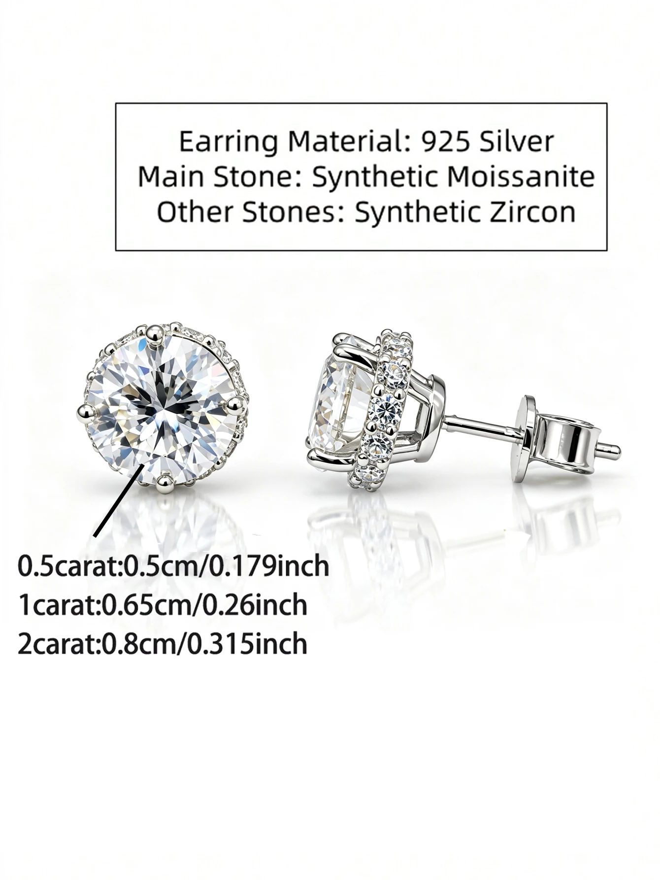 Ein Paar 925 Silber Ohrstecker für Damen, mit 1-Karat Moissanit-Steinen – Geeignet für den täglichen Gebrauch. – Detail 6