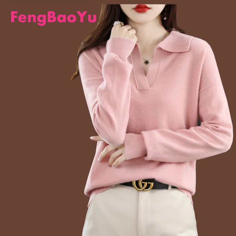 

Fengbaoyu Autumn Winter Ladies Cashmere Sweater Temperament Blouse POLO Collar Wool Blouse Knitted Bottom Sweater Soft and Light