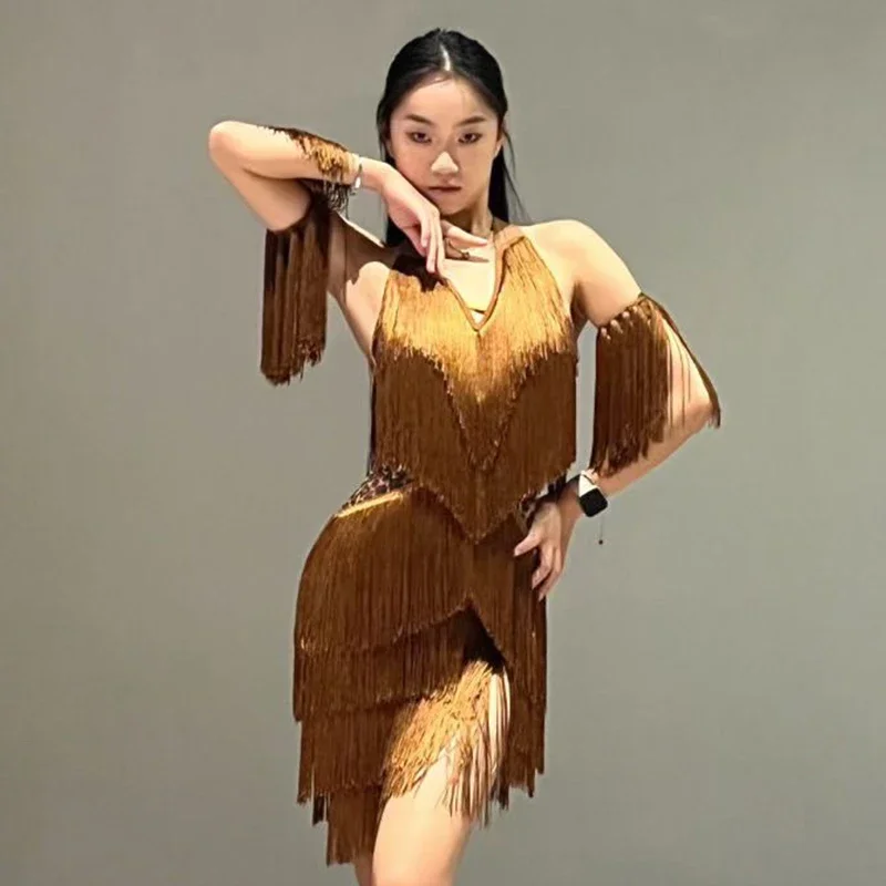 

New Latin Dance Dress Women Sexy Performance Costume Brown Tassel Dress Cha Cha Rumba Samba Dance Wear Competition Dress NV18610