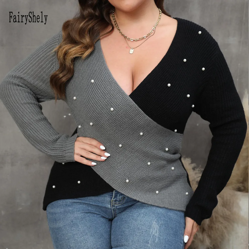 2024 Patchwork Plus Size Sweater Women Beads Cross Large Pullover Ladies Winter Loose Oversize Jumper Big Jerseys Curvy Knitwear