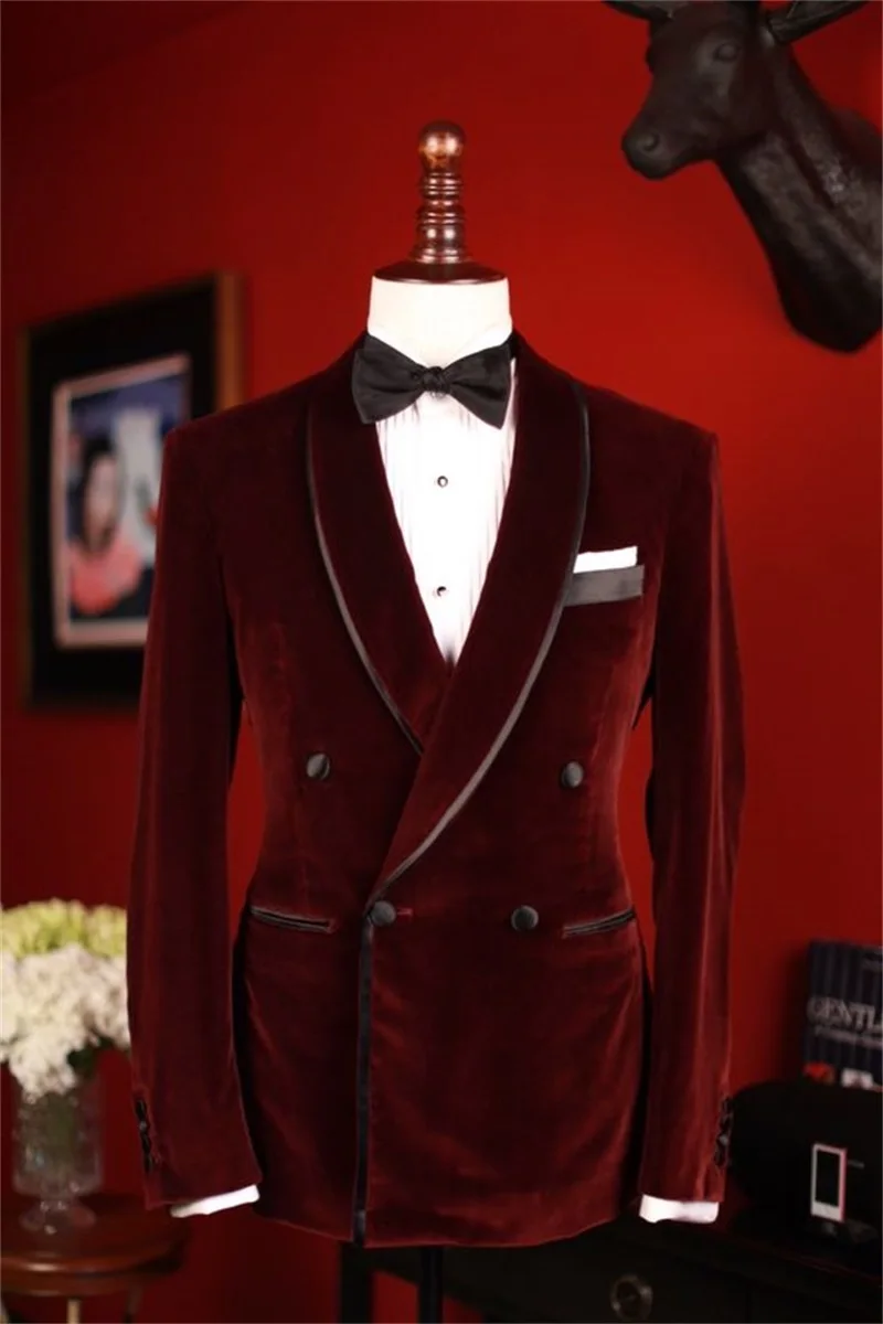 Vintage veludo smoking de casamento terno blazer 1 pcs vermelho formal escritório duplo breasted casaco queda notch lapela jaqueta feita sob encomenda