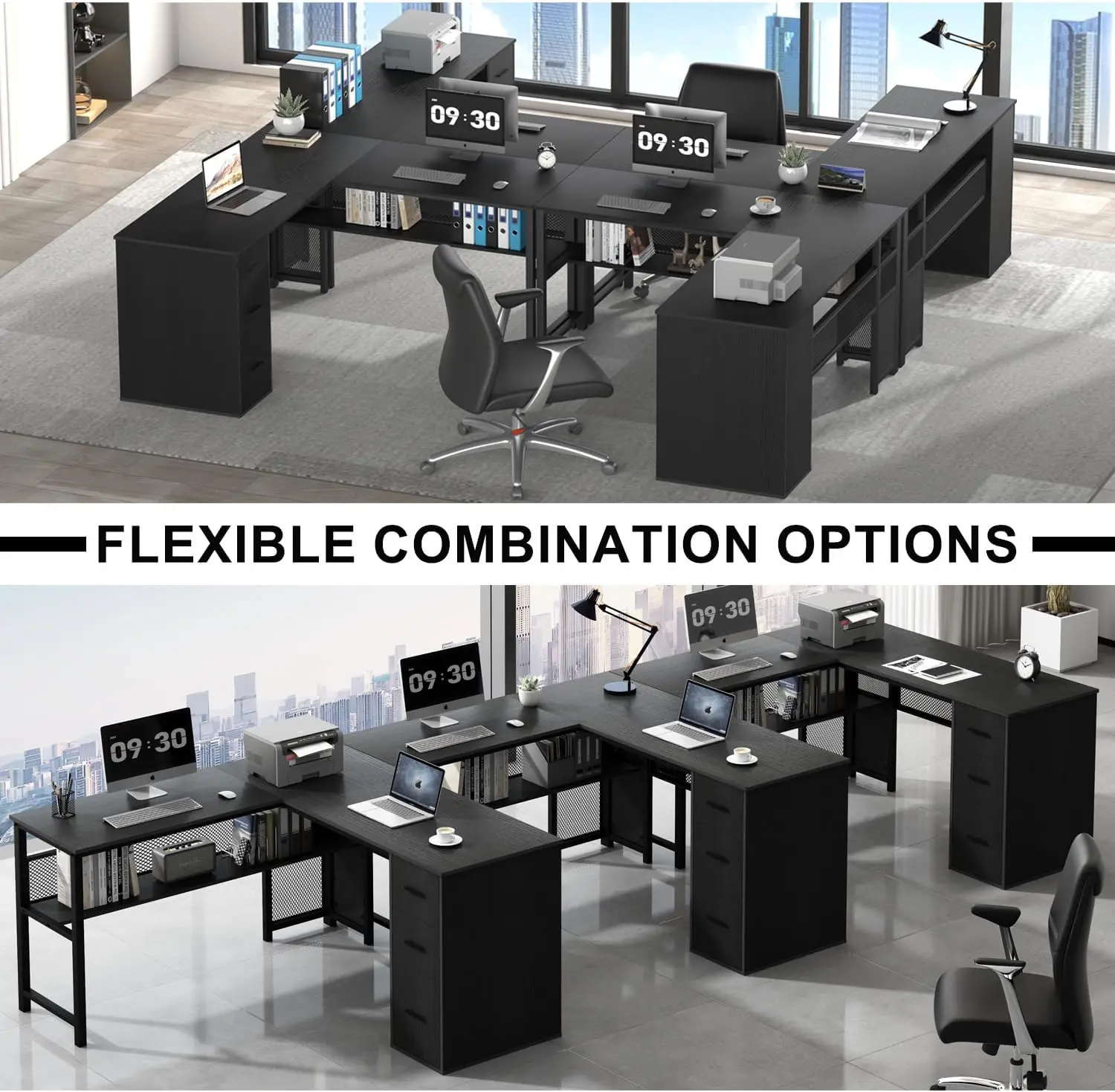 Black L Shaped Desk, Reversible Computer Office Desk with Drawers, Modern Large L Shape Gaming Desk Table with File Cabinets