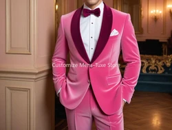 MEN'S PINK VELVET 2 PIECE SUIT SLIM FIT TWO BUTTON SOLID TUXEDO SUIT JACKET+PANT