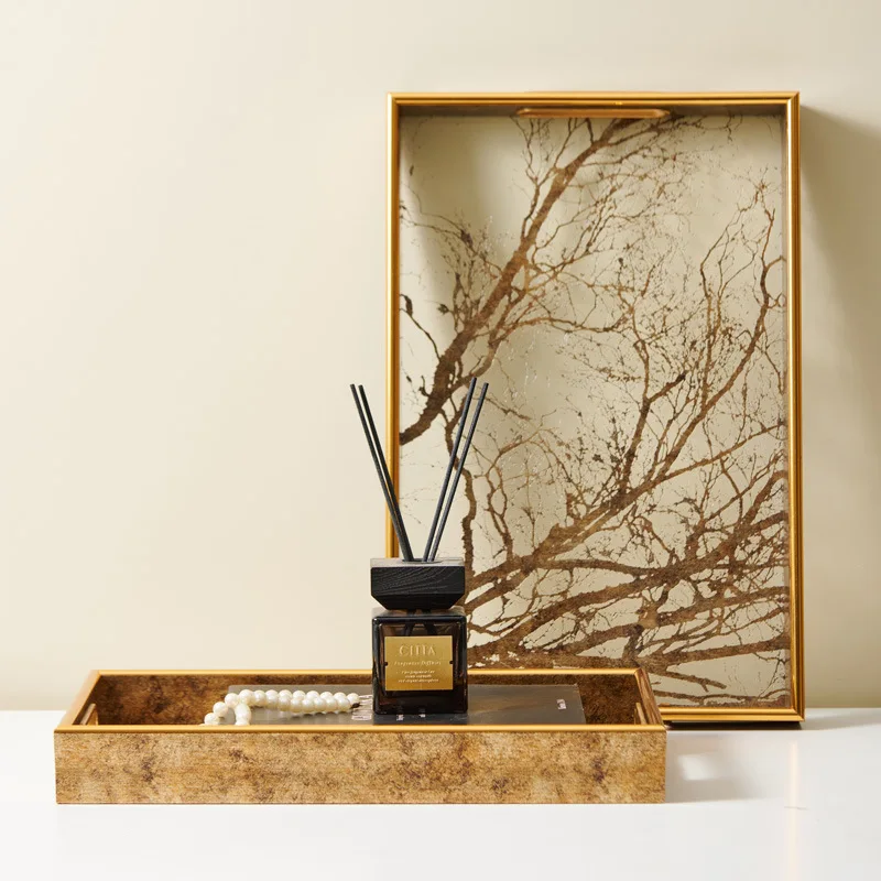 Luxury Light Golden Rectangular Transparent Base Dense Branches Tray Decor