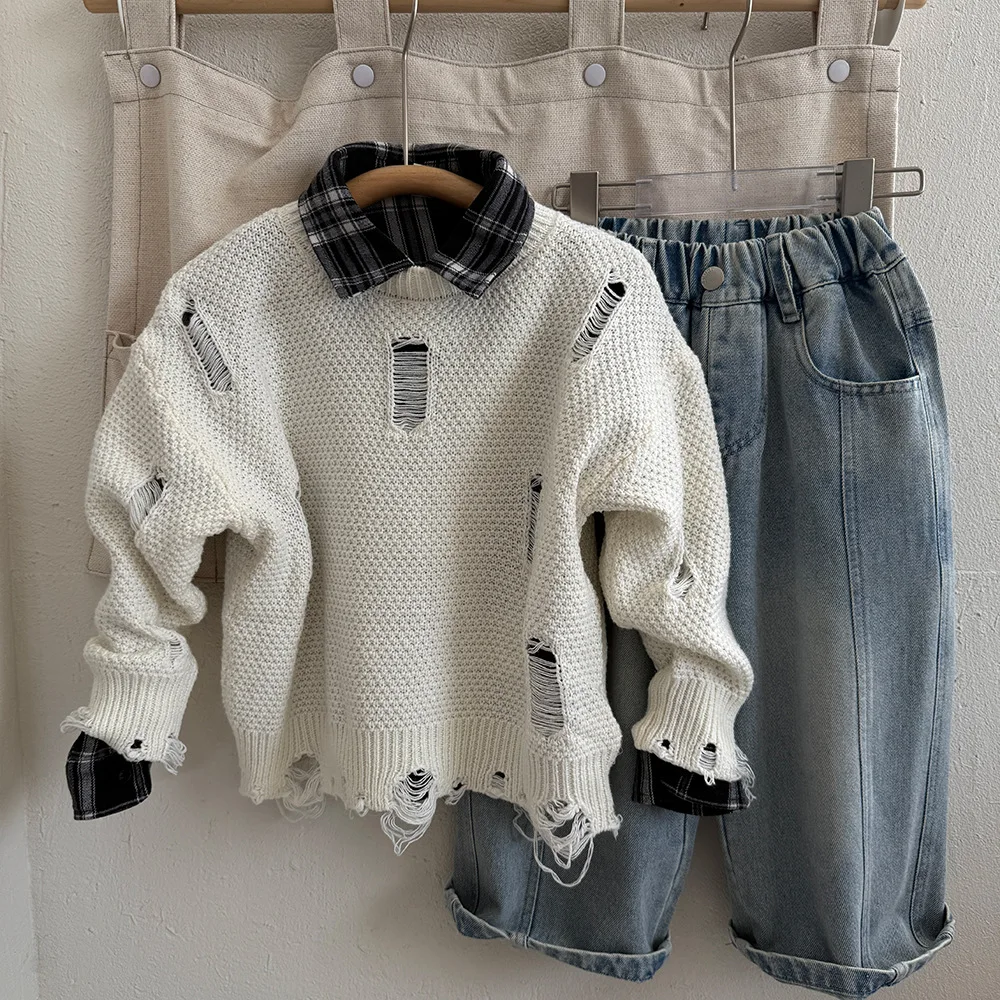 Knitted Coat Base Layer Shirt Sweater Boys Children Spring Autumn Korean Loose Casual Fashionable Cool Personality
