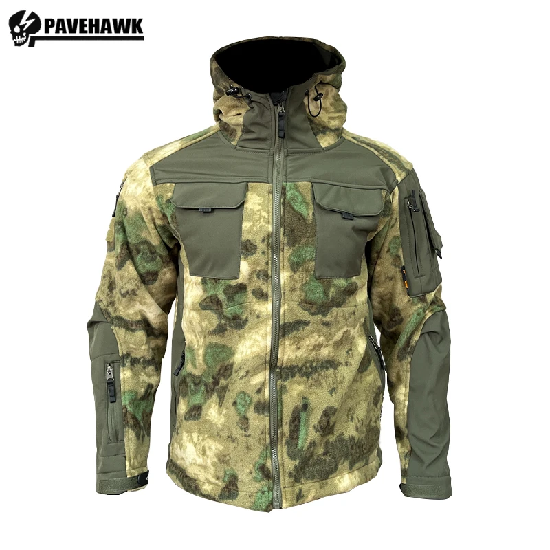 Tactical Camouflage Jacket Men Fleece Multi Pocket Wear-resistant Training Soft Shell Clothing Patchwork Outdoor Warm Combat Top