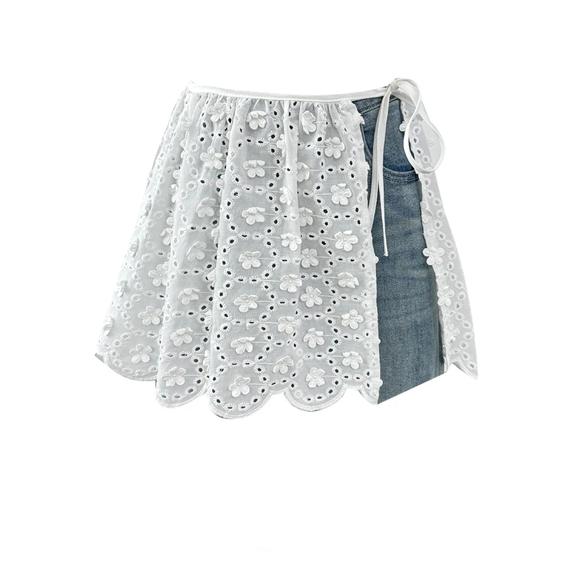 優しい中空アウト刺繍フラワースカートの女性 2025 春弓レースアップスリムスプリットミニスカート甘いオーバーラップ Y2k 服