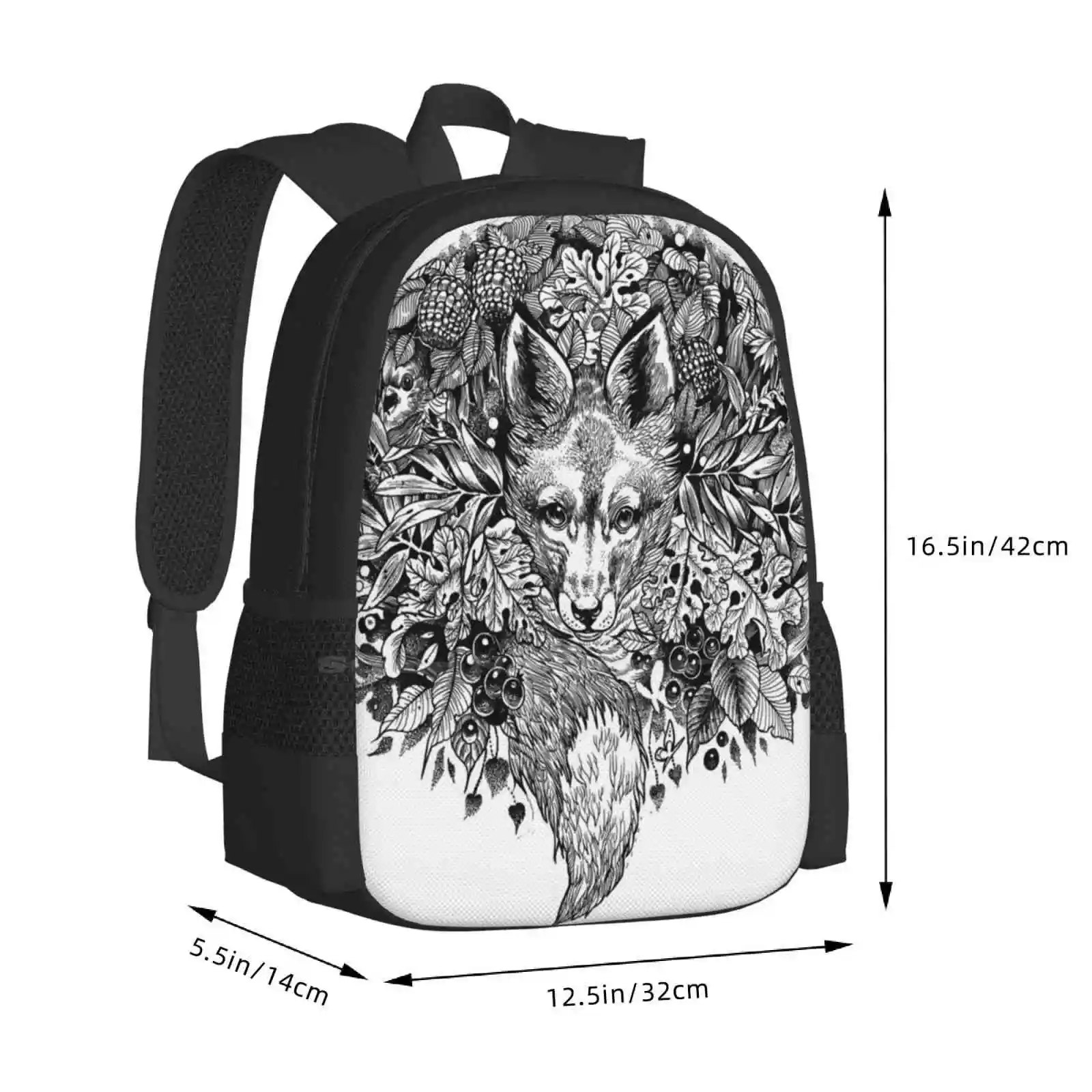 Mochila con diseño de zorro oculto, bolsa de moda con dibujo de tinta de hojas y hojas, bonito trabajo de línea de follaje natural, color blanco y negro, gran oferta