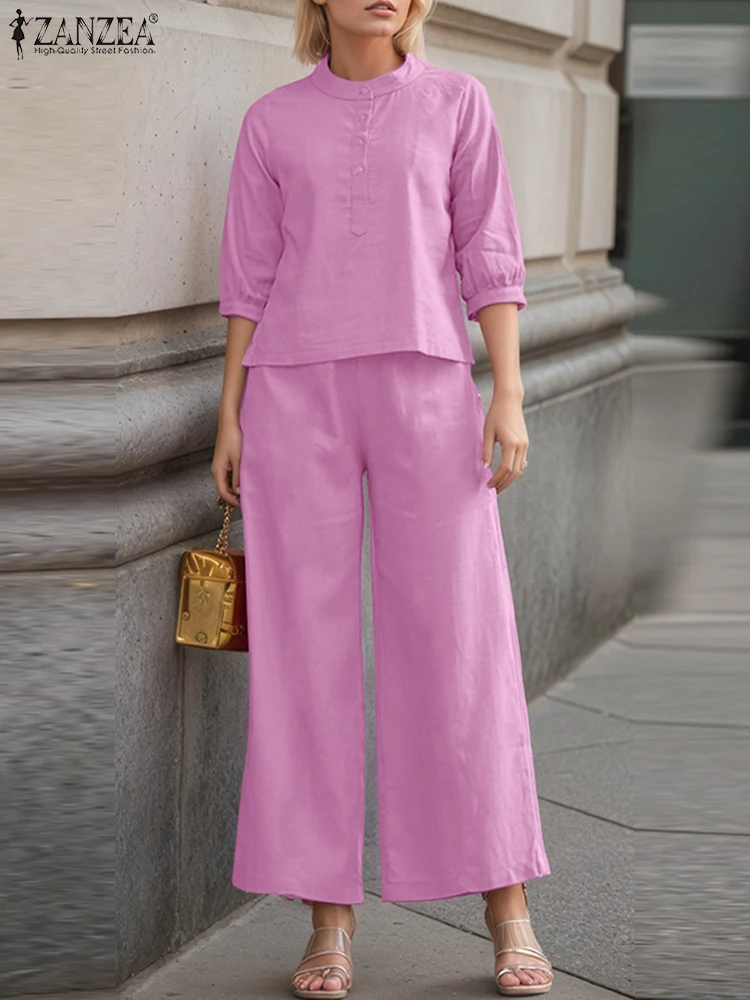 

ZANZEA 2025 Spring Pants Sets Women Fashion Work Outfits Suits 3/4 Sleeve Blouse Ankle-Length Pants Casual 2-piece Matching Sets