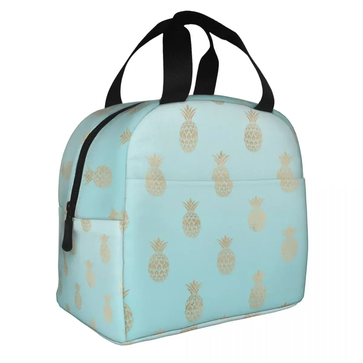 Gold Pineapples Lunch Bags Portable Insulated Canvas Cooler Thermal School Tote for Women Girl