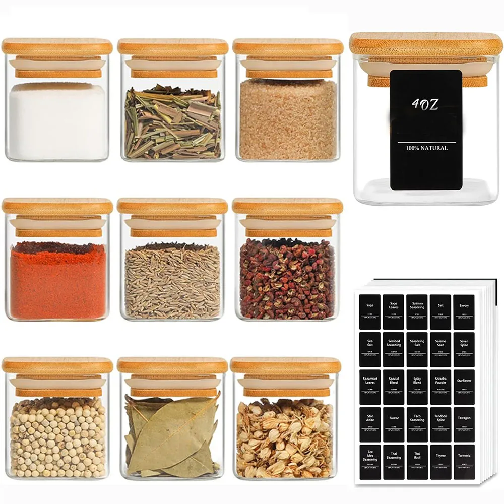 Glass Spice Jars with Bamboo Lid, 4oz Airtight Square Spice Containers with Lables, Empty Seasoning Jars for Spice Salt Sugar