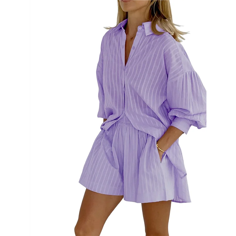 

CYL-2 Piece Outfits Button Down Shirt Top And Shorts Casual Lounge Sets