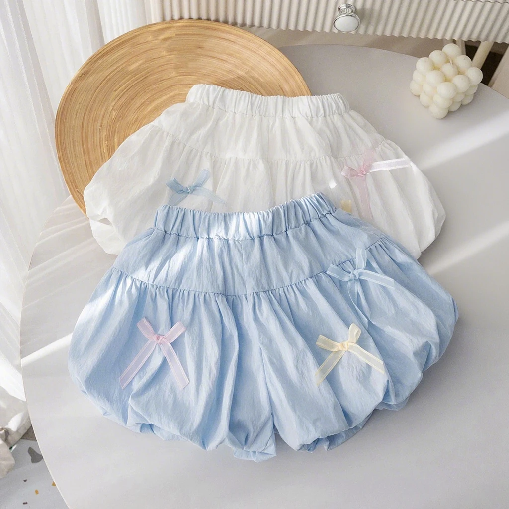 

Летние шорты с бантом для девочек в корейском стиле, шаровары, детские милые однотонные повседневные универсальные штаны, милая одежда для малышей, 2025 г.