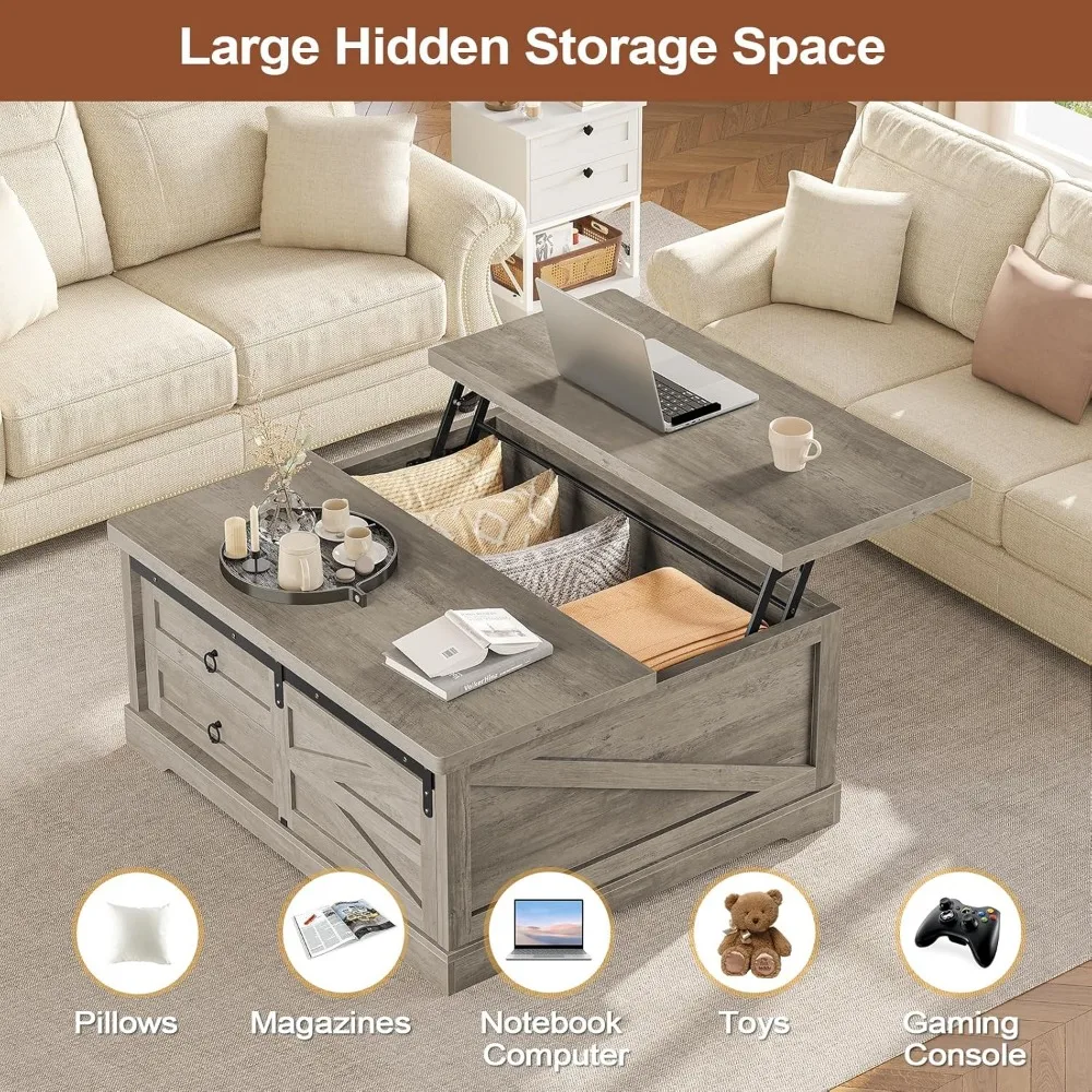Farmhouse Style Square Coffee Table with Lift Top Storage for Living Room, Large Hidden Compartment