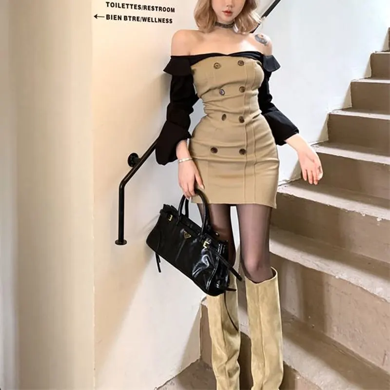 Vintage Hotsweet Off Shoulder Mini Dress Spring Autumn Fake Two Pieces Women's Clothing Patchwork Aura Bag Hip Dresses JJ88