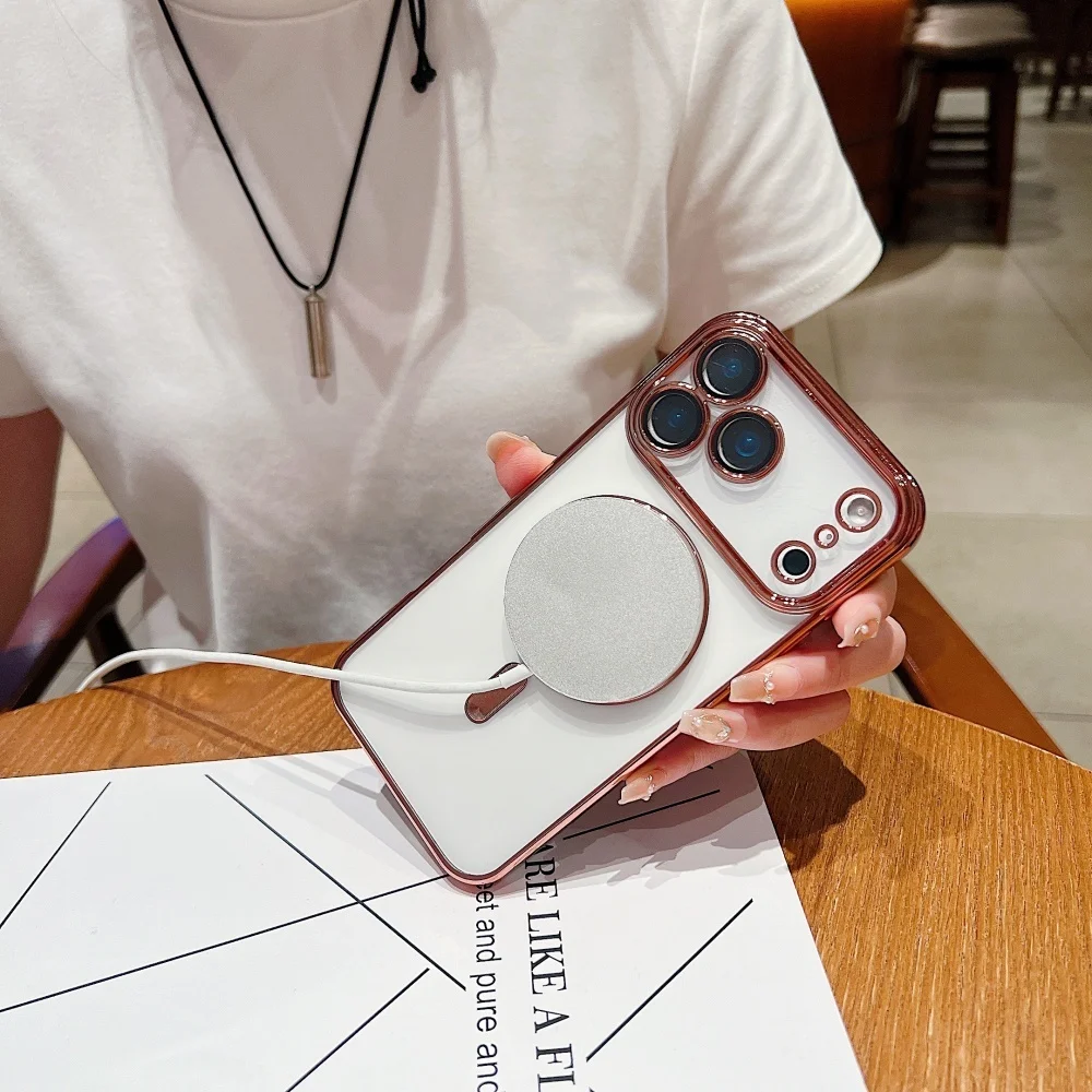 MagSafe対応 透明メッキケース iPhone 17 16 15 Pro Max Air 14 Plus 13 12用 マグネット式クリアカメラ保護スリムカバー