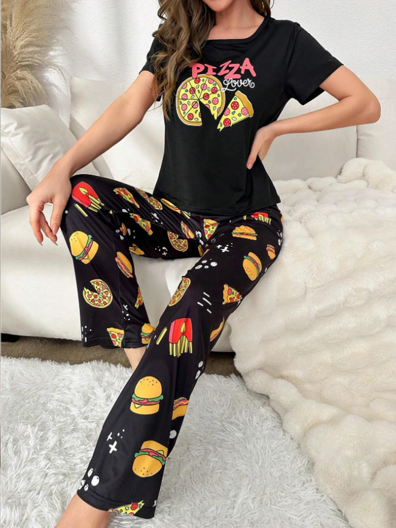 Women Pajama Set Cartoon Pizza Print Short Sleeves Crew Neck Top Allover Print Fast Food Icons Pants Summer Sleepwear Set Cute