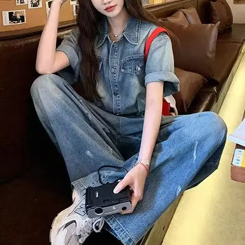 2026 Spring Denim Women Jumpsuit Straight Vintage Patch Pockets Long Sleeve Long Jumpsuits Female Elegant Fashion Chic Outfits