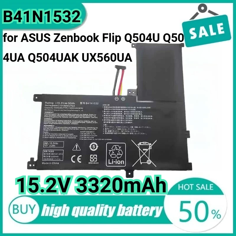 

New B41N1532 15.2V 50Wh 3320mAh Laptop Battery for ASUS Zenbook Flip Q504U Q504UA Q504UAK UX560UA 0B200-0201010 UX560UA-FZ021T.