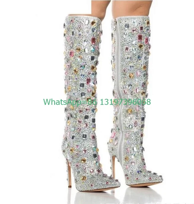 Lady colorful rhinestone sequins knee boots pointed toe demand bling sexy boots dance stage vintage colorful boots size 35-44