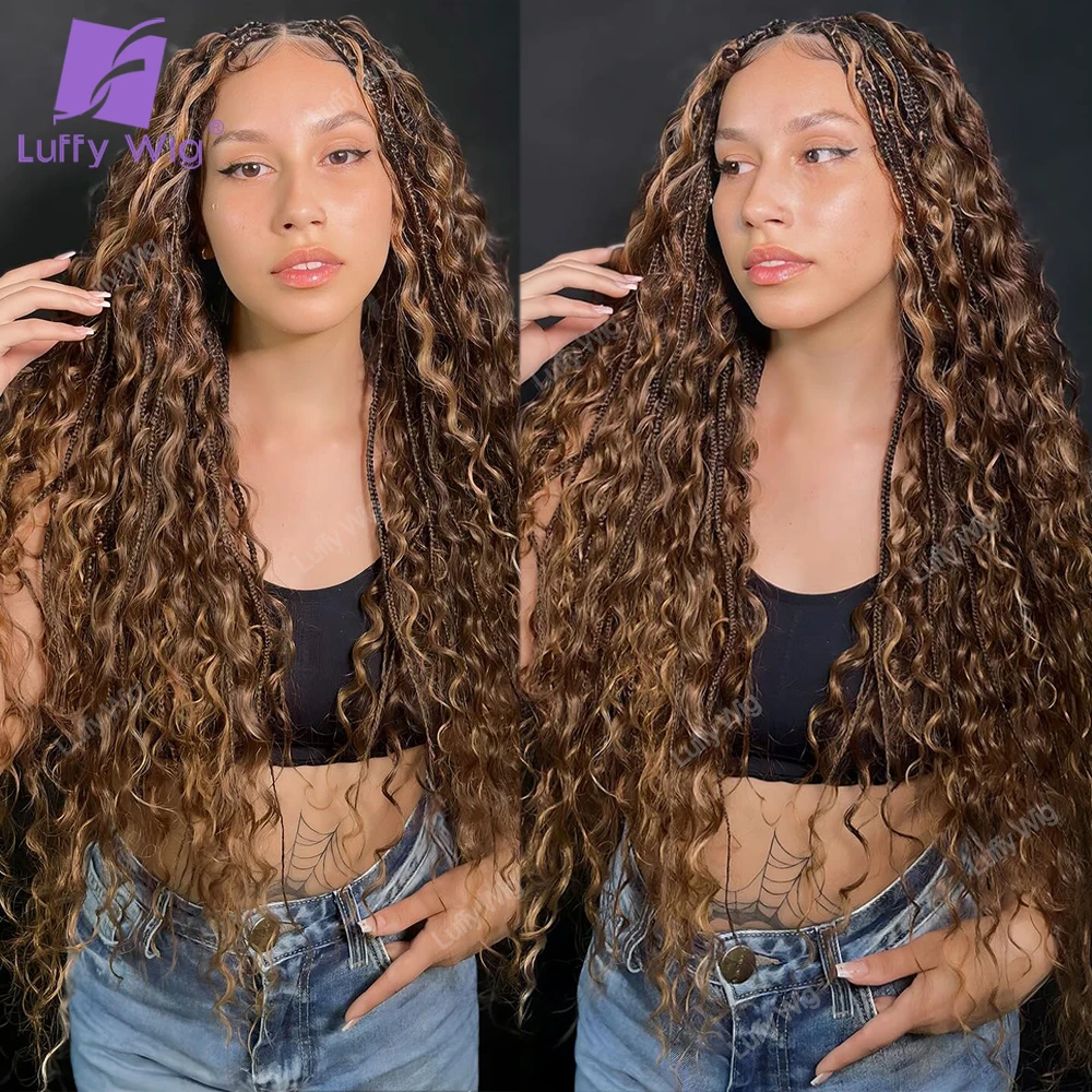 Trenzas de caja Boho de ganchillo con rizos de cabello humano, Color de cabello trenzado #30, cabello trenzado preondulado para mujeres negras, Luffywig