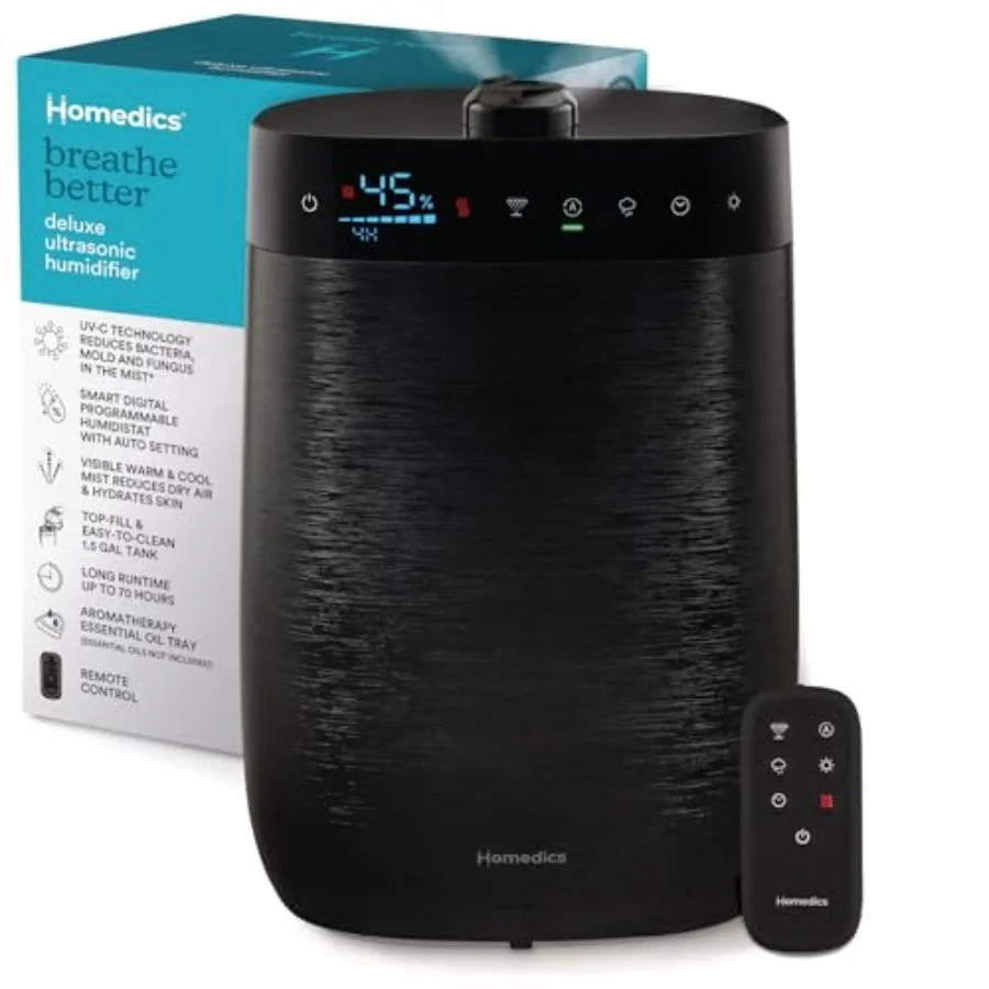 

Deluxe Ultrasonic Humidifier for Large Rooms Warm or Cool Mist UV-C Technology 1.5-Gallon Top Fill Tank Smart Digital Programma
