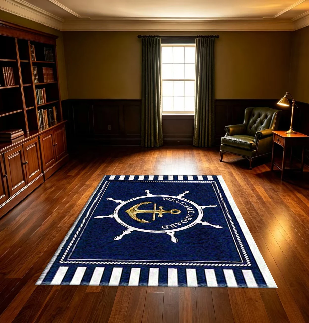 Nautical Anchor and Ship Rudder Pattern Carpet Non-Slip Welcome Mat Home Entrance Living Room Decoration